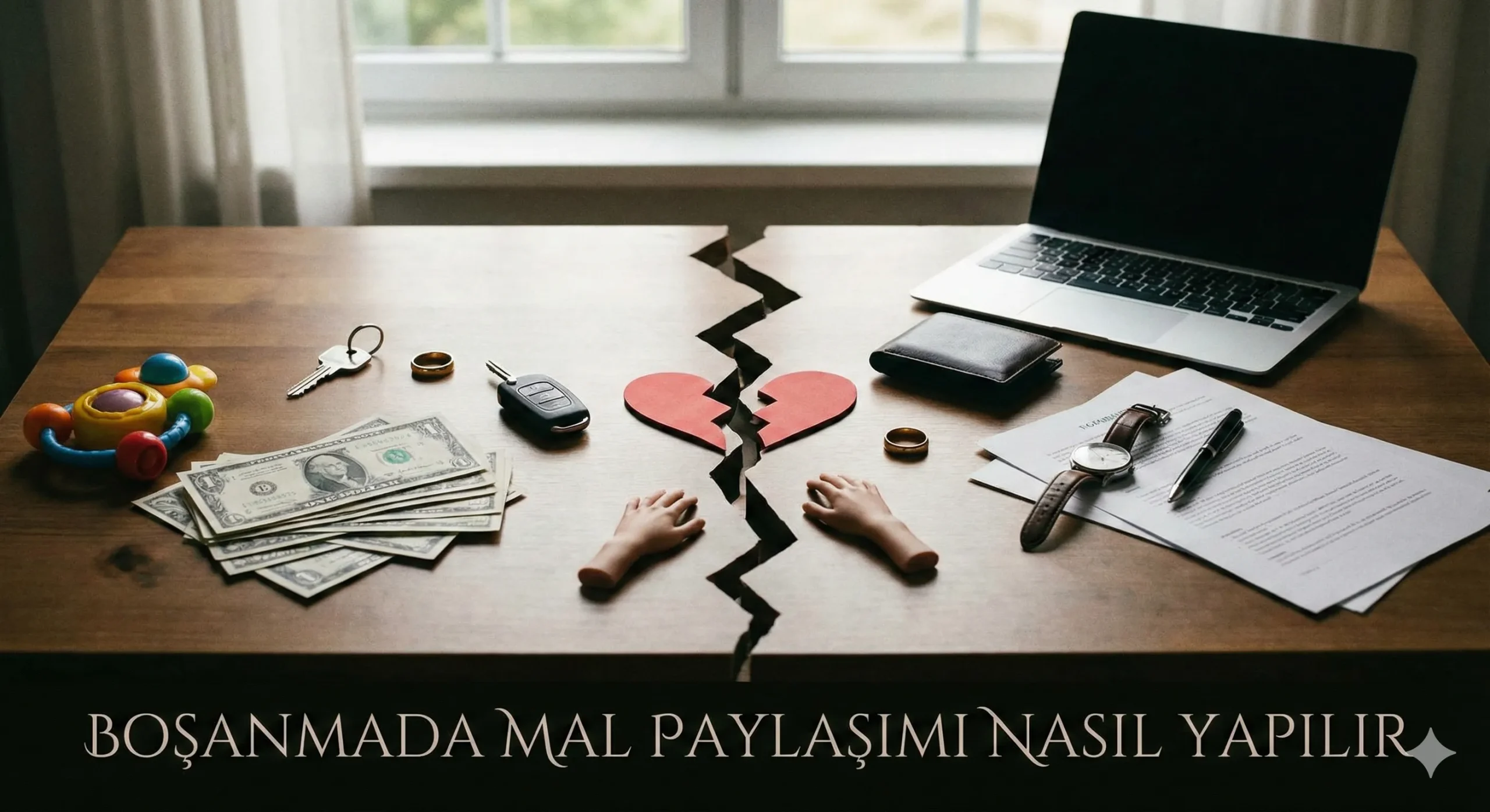 Boşanma davasında mal paylaşımı hesaplaması yapan avukat, mahkeme dosyaları ve tapu senetlerini gösteren temsili görsel