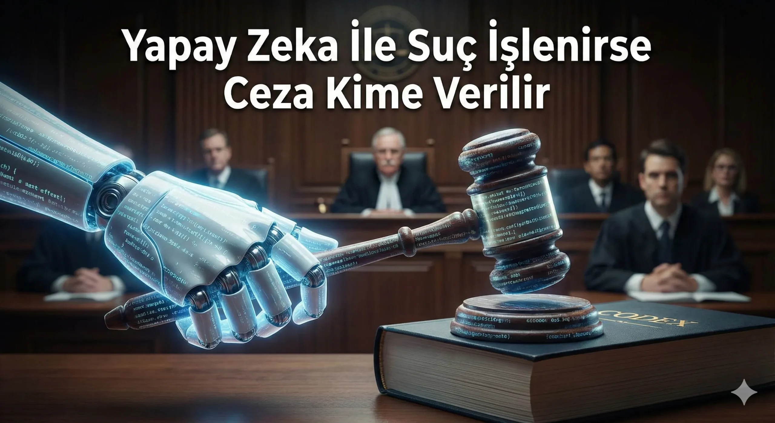 Yapay zeka ile suç işlenmesi durumunda ceza sorumluluğunu gösteren hukuk konseptli illüstrasyon ve adalet terazisi görseli