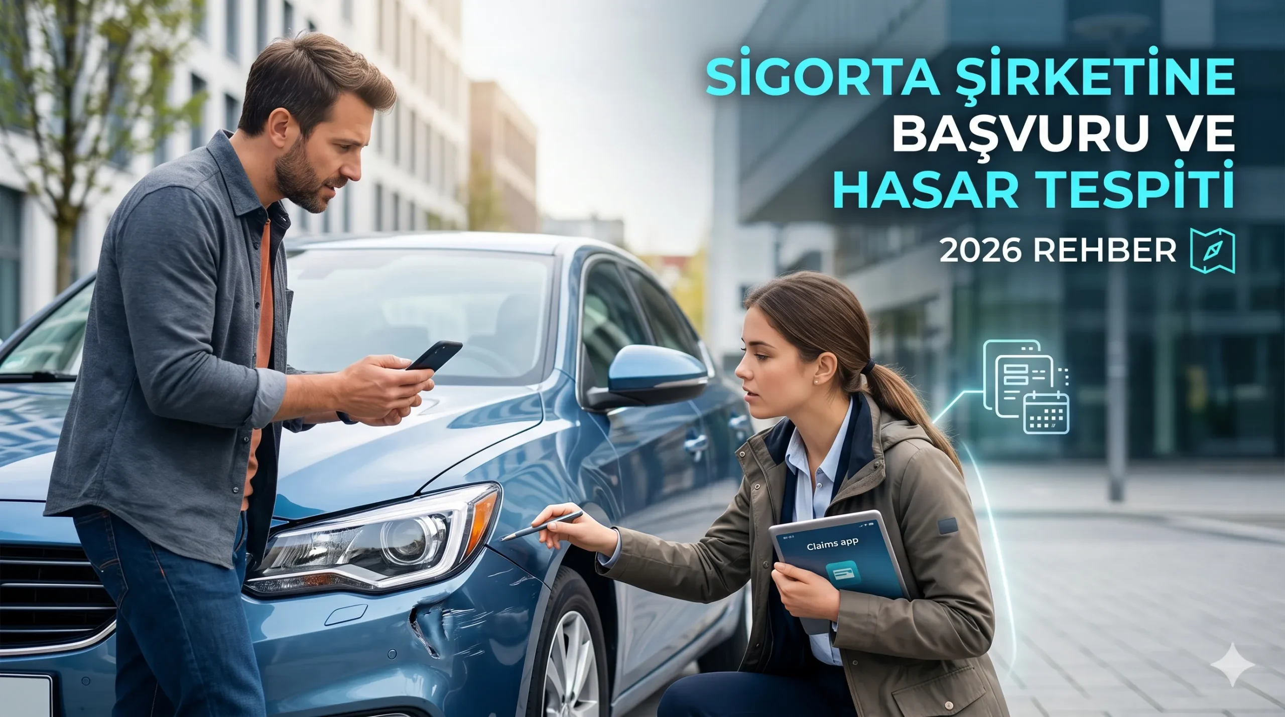 Sigorta şirketine başvuru süreci ve kaza sonrası hasar tespiti işlemlerini gösteren resmi belgeler ve uzman incelemesi.