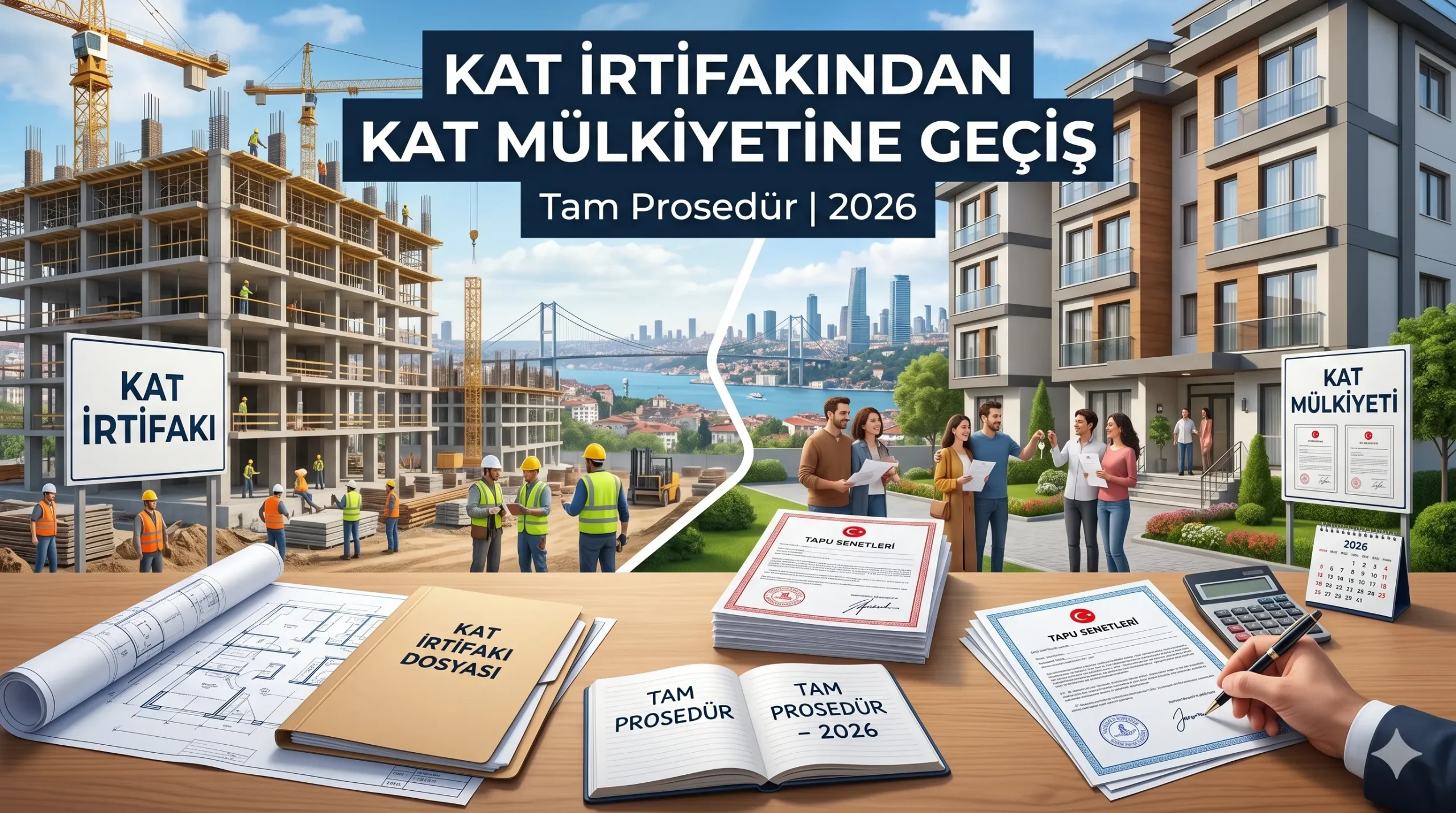 Kat irtifakından kat mülkiyetine geçiş prosedürü için tapu dairesinde başvuru yapan mülk sahipleri ve bina planı.