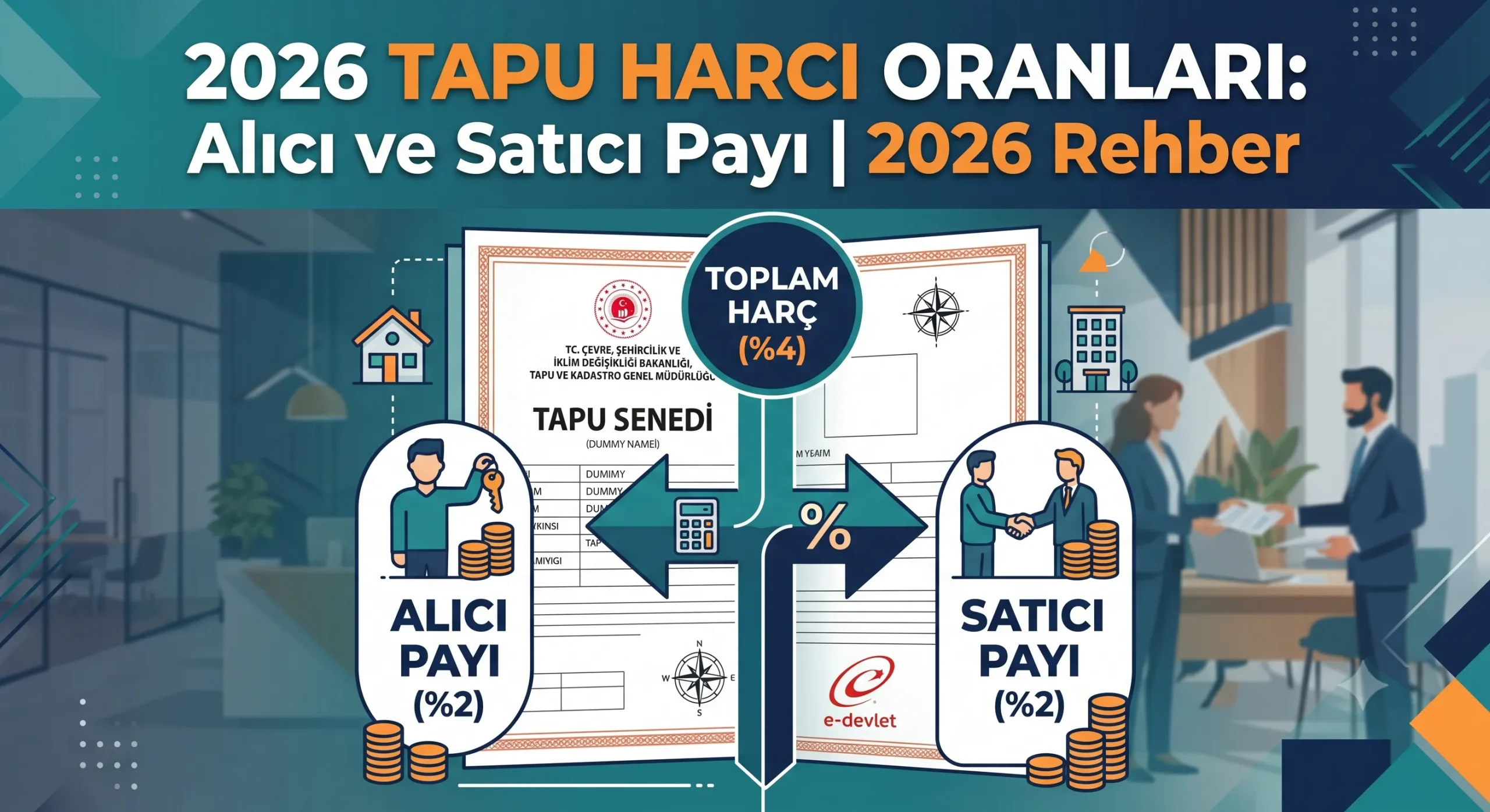 2026 tapu harcı oranları alıcı ve satıcı payları hesaplama tablosunu gösteren detaylı hukuki rehber görseli.