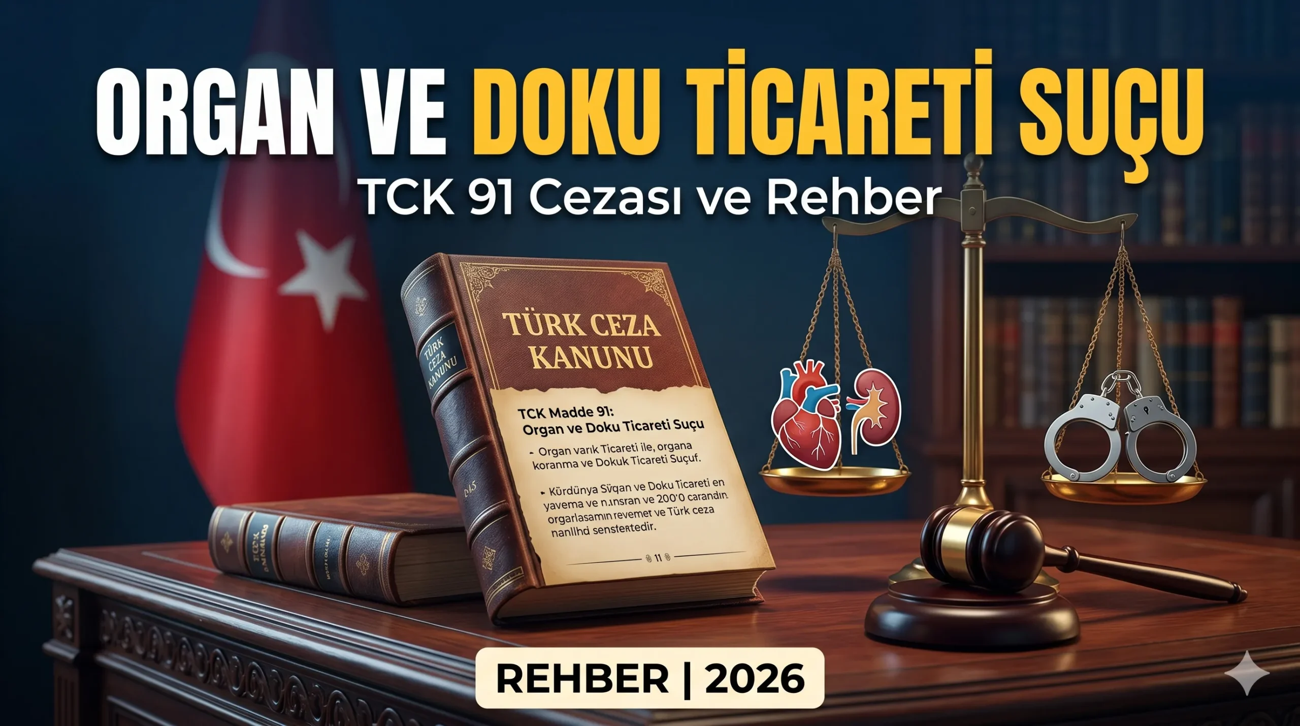 TCK 91 kapsamında organ ve doku ticareti suçu unsurlarını ve hukuki yaptırımlarını temsil eden adalet terazisi görseli.