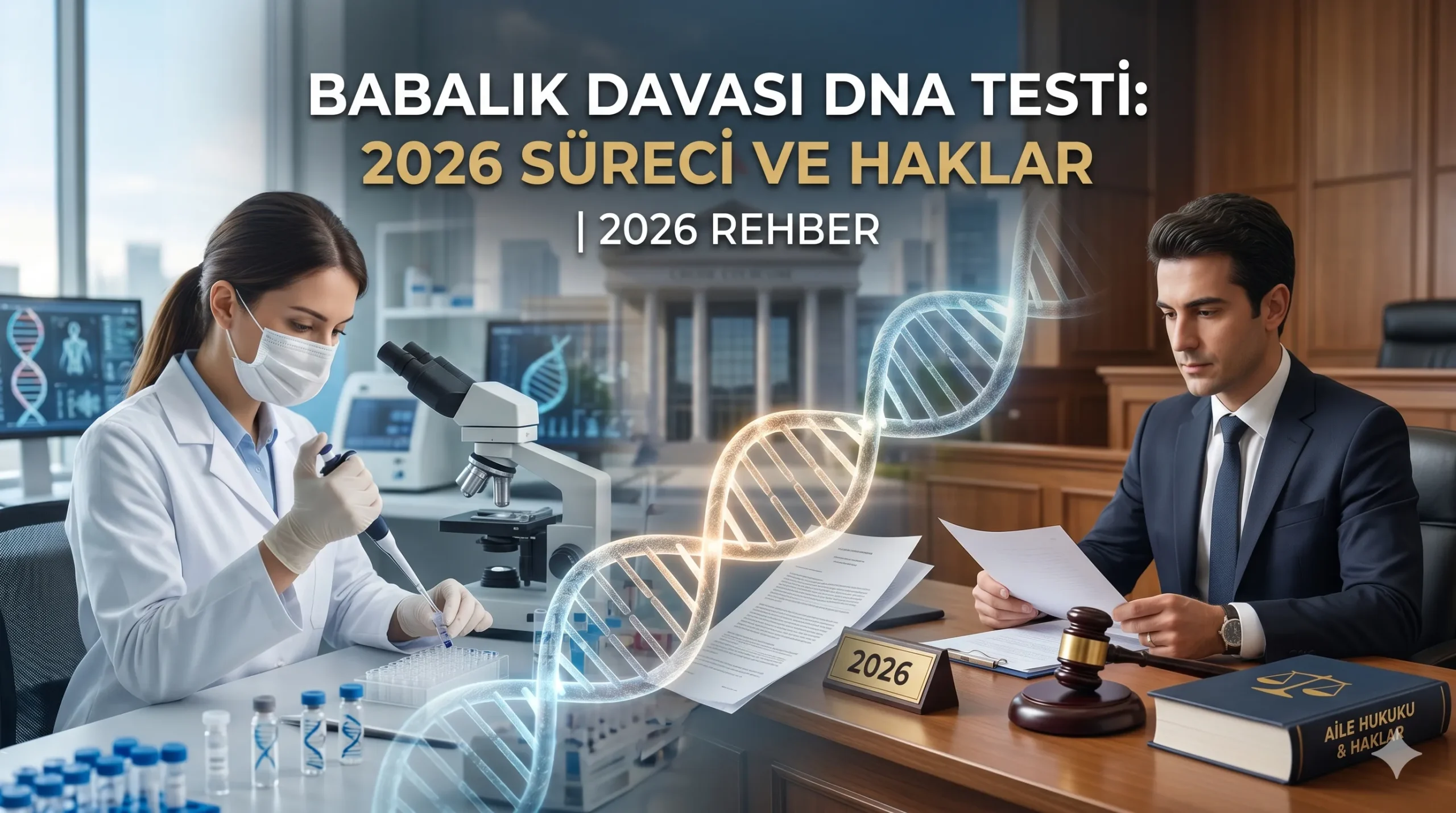 Adliye binası önünde babalık davası dosyaları ve DNA testi raporunu inceleyen avukat ve müvekkil görseli.