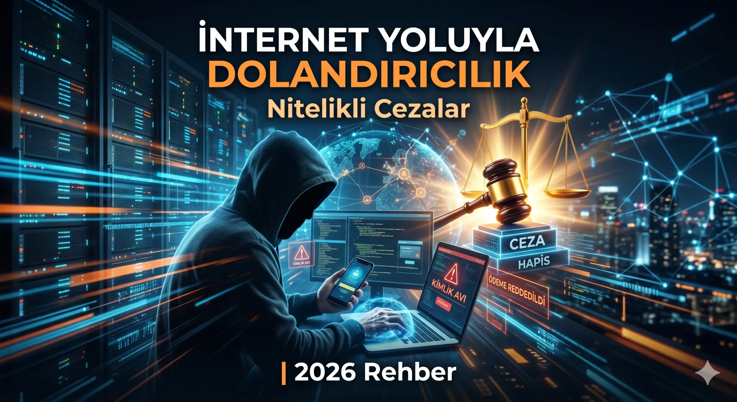 İnternet yoluyla dolandırıcılık suçunu temsil eden bilgisayar başında kelepçeli figür ve siber suçlar illüstrasyonu.