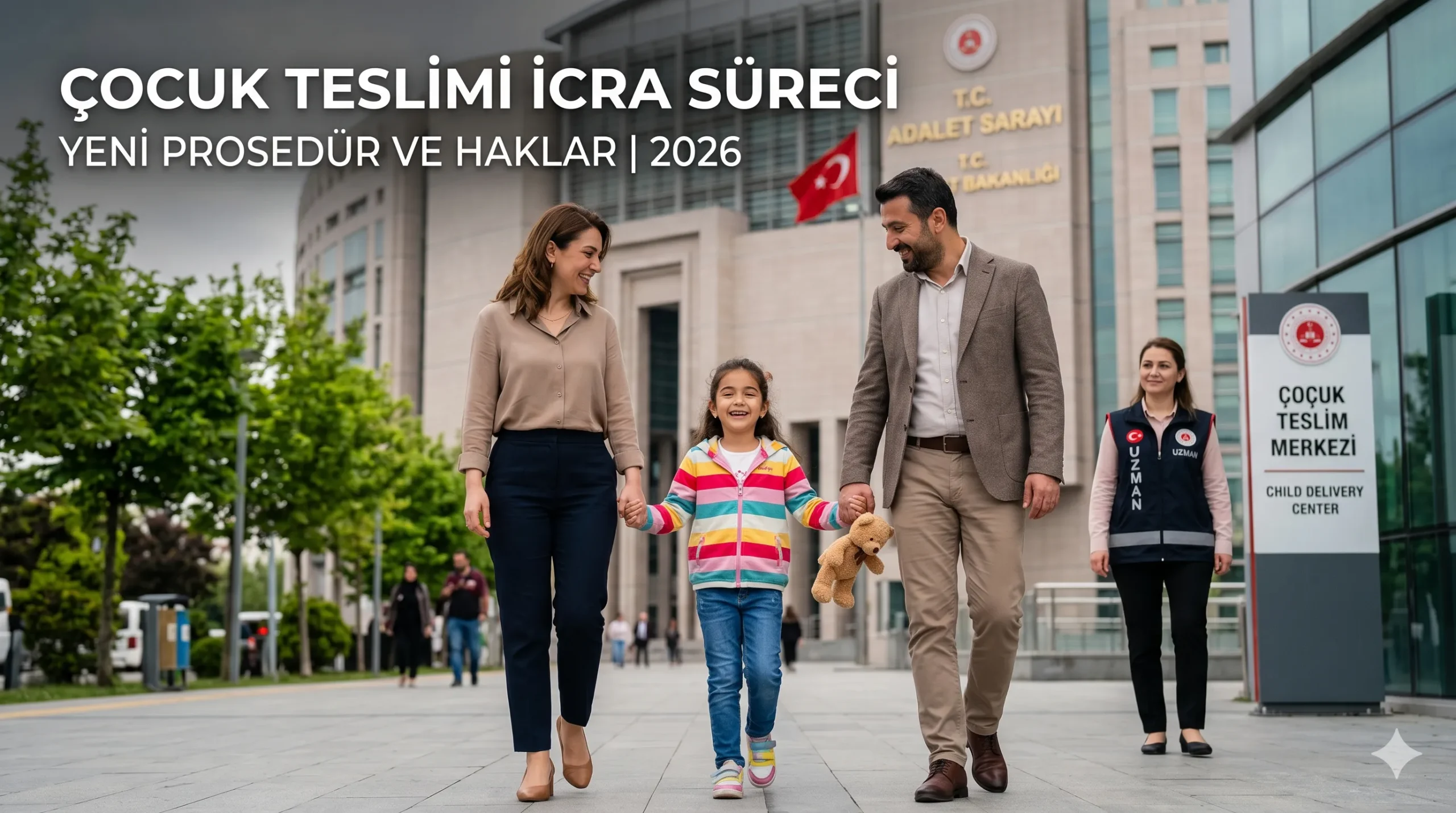 Çocuk teslimi icra süreci kapsamında uzman pedagoglar eşliğinde gerçekleştirilen yasal görüşme ve teslim anını betimleyen görsel.