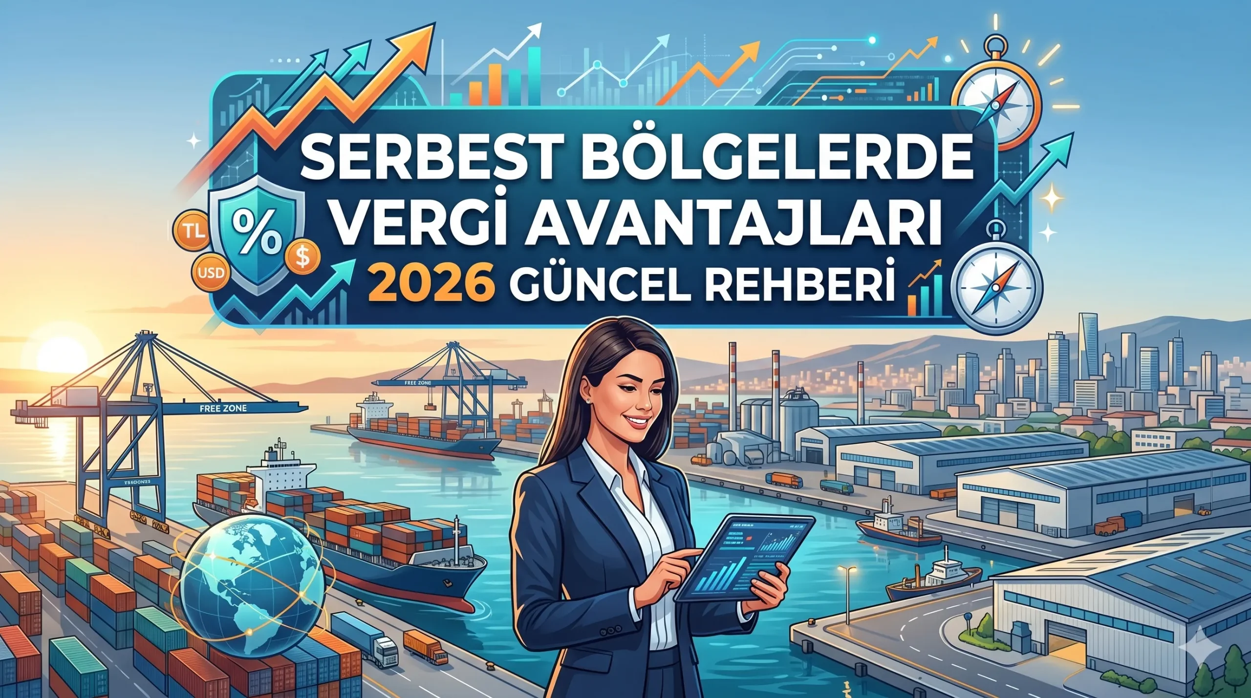 Serbest bölgelerde vergi avantajları kapsamında gümrük sahasında işlem gören konteynerler ve modern ticaret merkezi görseli.