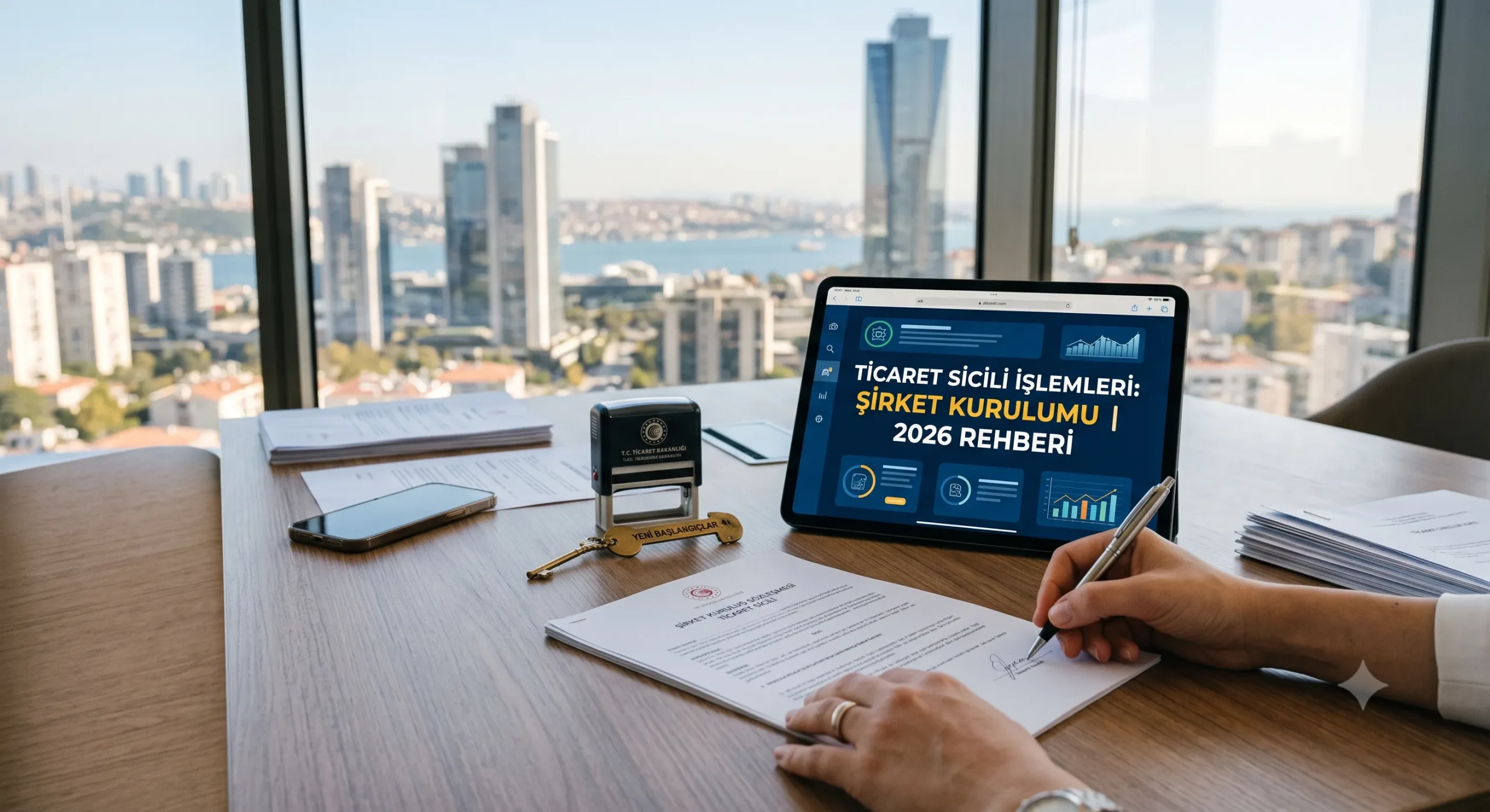Ticaret Sicili İşlemleri yapan bir avukatın ofiste şirket kuruluş evraklarını incelerken çekilen fotoğrafı