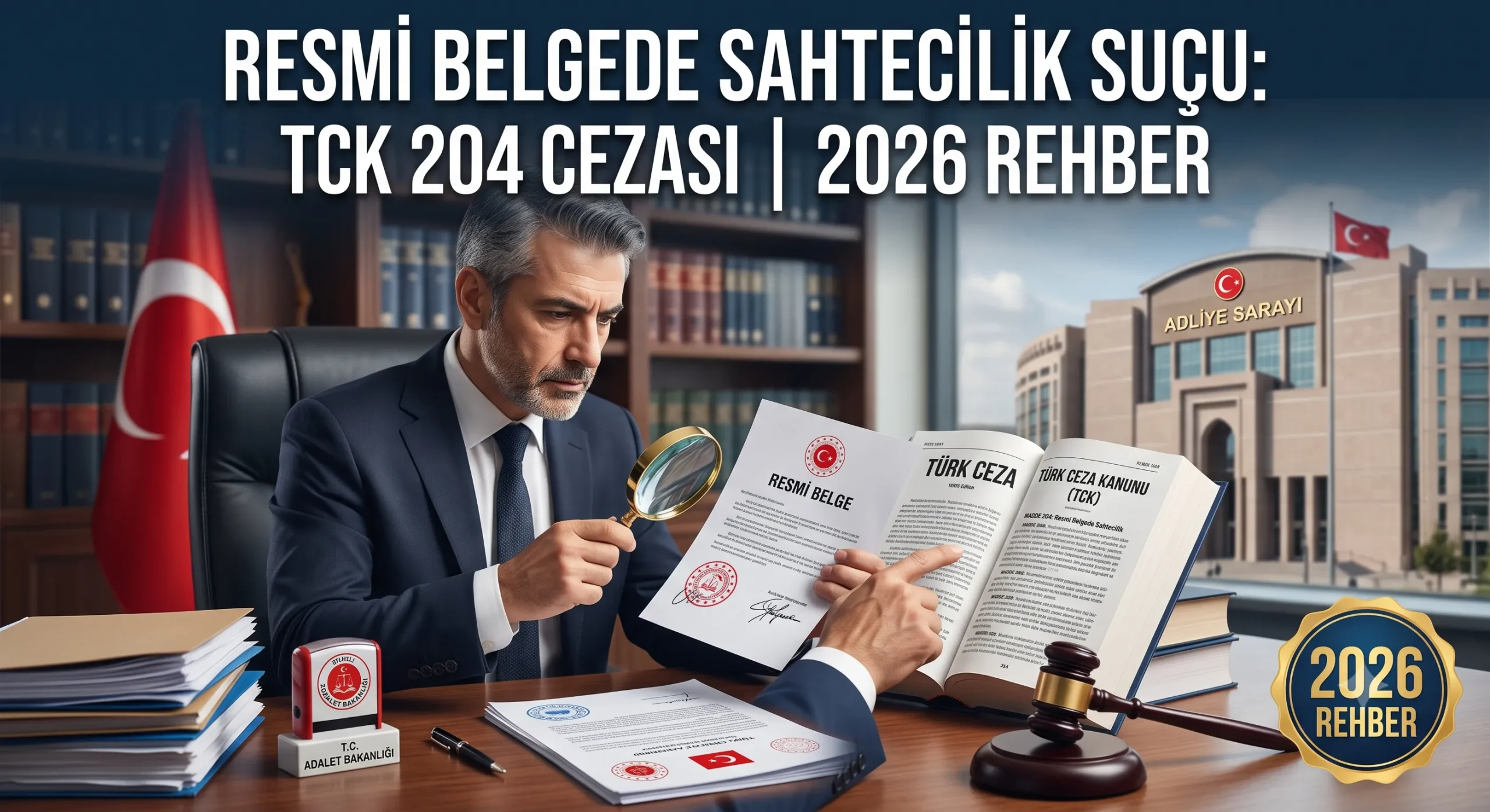 Resmi belgede sahtecilik suçu davasını temsil eden adalet terazisi ve kanun kitabı görseli.