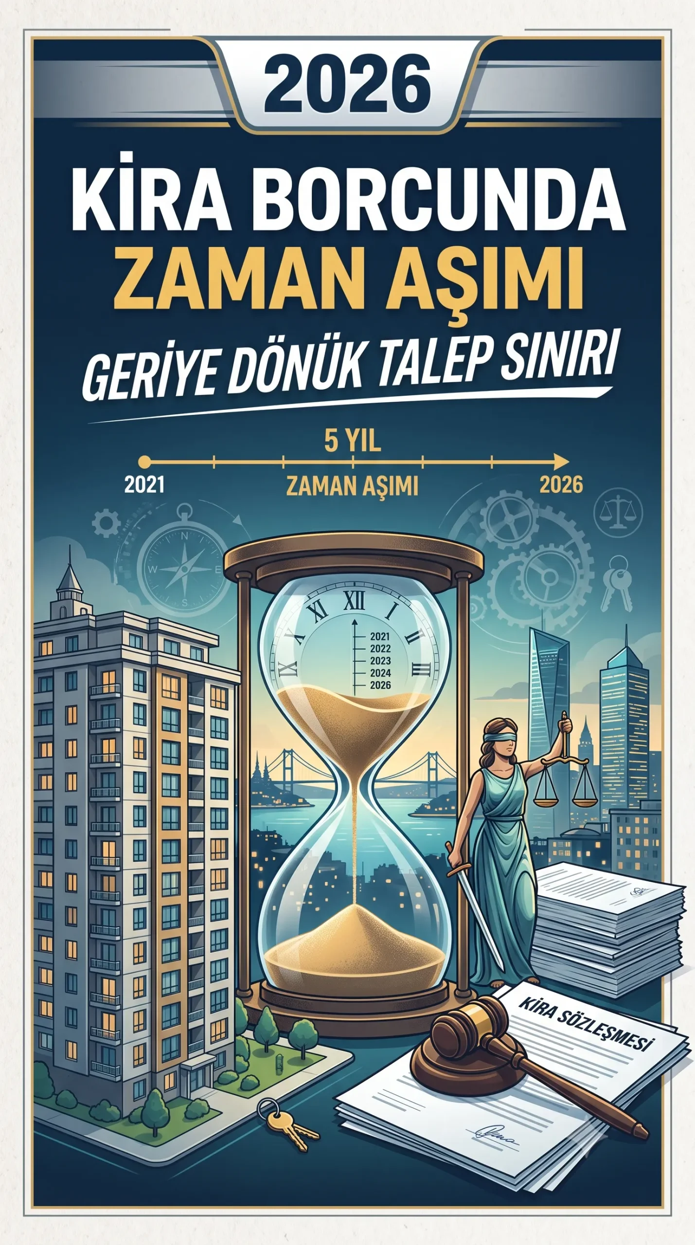 Kira borcunda zaman aşımı süresini gösteren adliye binası önündeki tokmağı ve dosyaları gösteren görsel